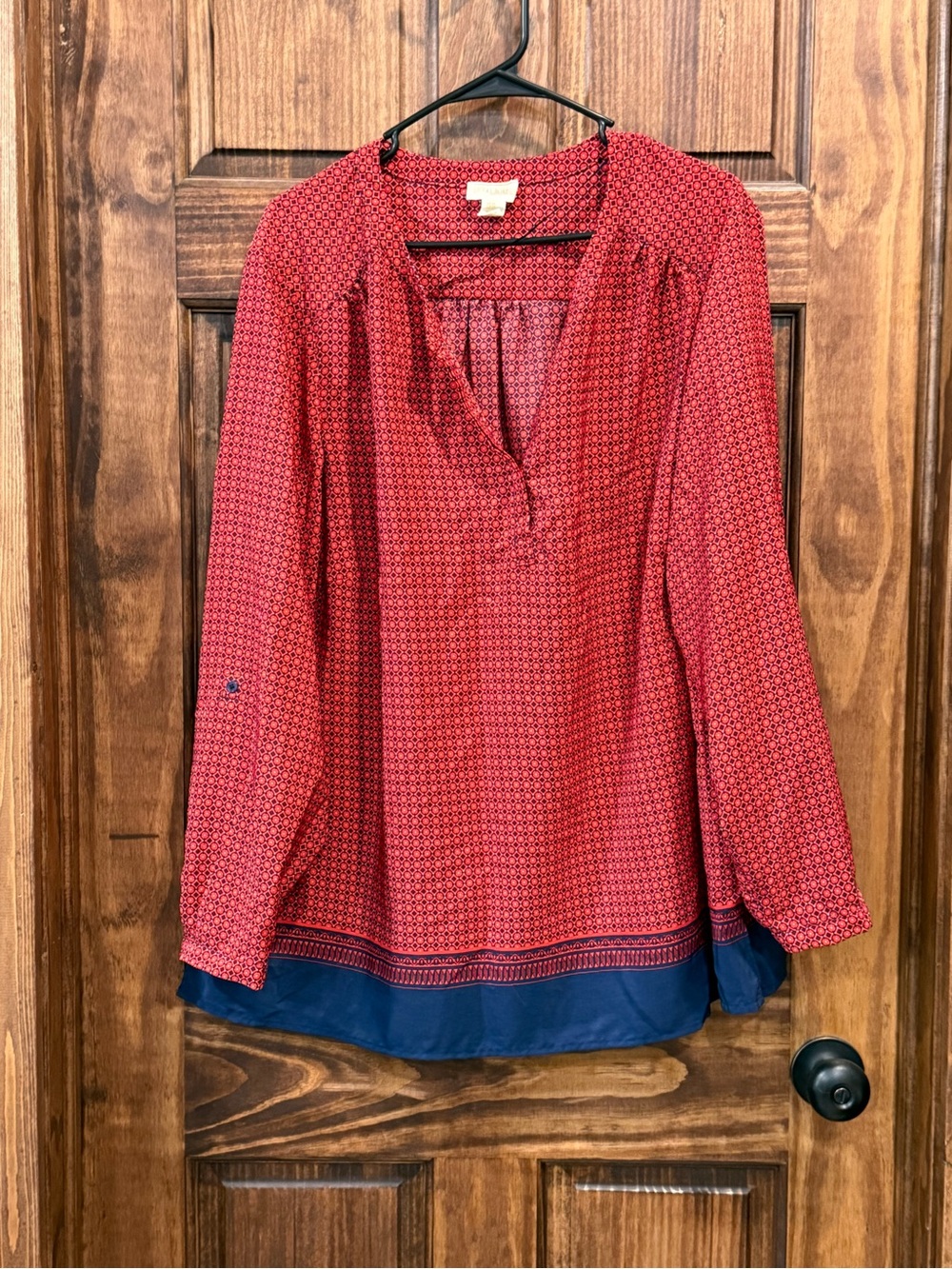 Lucy & Laurel Red Printed Long-Sleeve Tunic with Navy Trim size 2X
